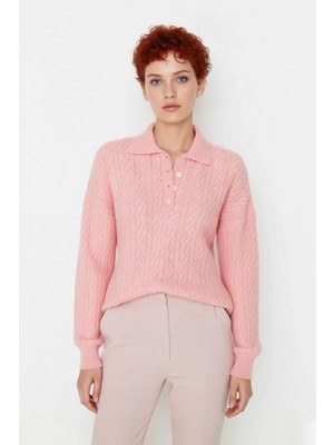 Ersefa Kadın Oversize Triko Polo Yaka Saç Örgü Düşük Kollu Rahat Kışlık Basic Stil Kazak Kaliteli