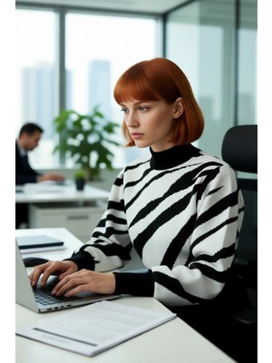 FRM Kadın Basic Regular Kalıp Zebra Desenli Dik Yaka Crop Triko Kazak Günlük Giyimde Iddialı Kaliteli