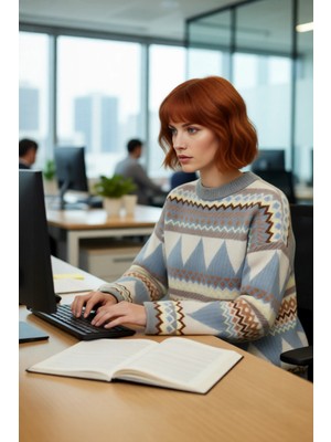 FRM Kadınlara Özel Etnik Desenli Oversize Düşük Kol Bisiklet Yaka Triko Kazak Soğuk Havalara Uyumlu