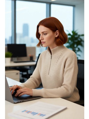 FRM Kadın Oversize Rahat Kesim Düşük Kol Fermuarlı Dik Yaka Triko Selanik Örgü Uzun Kollu Kazak