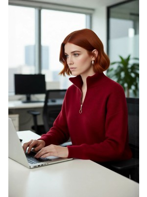 FRM Kadın Oversize Rahat Kesim Düşük Kol Fermuarlı Dik Yaka Triko Selanik Örgü Uzun Kollu Kazak