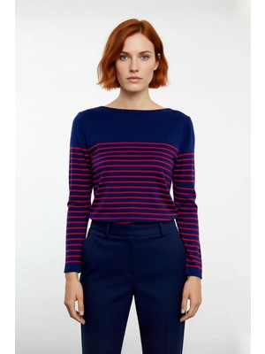 Ersefa Kadın Basic Regular Kalıp Uzun Kollu Çizgili Bisiklet Yaka Gri Triko Kazak Modeli Kaliteli