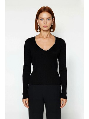 Ersefa Kadın Siyah V Yaka Inci Detaylı Fitted Triko Kazak Uzun Kollu Kışlık Zarif Basic Model Kaliteli