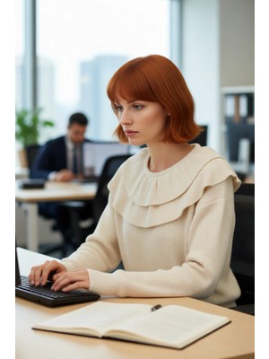 FRM Kadın Günlük ve Şık Uzun Kollu Triko Kazak Fırfır Yaka Detaylı Akrilik Karışım Konfor Kaliteli