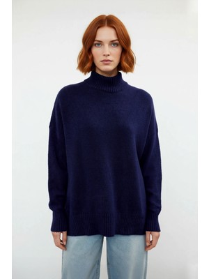 Ersefa Kadın Basic Oversize Dik Yaka Triko Kazak Düşük Kol Uzun Boy Kışlık Günlük Şıklık Sunar Kaliteli