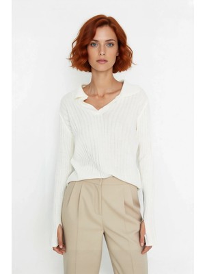 Ersefa Kadınlara Özel Basic Regular Kesim Polo Yaka Fitilli Triko Kazak Modern ve Konforlu Stil Kaliteli