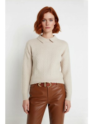 Ersefa Kadın Kışlık Regular Kalıp Akrilik Triko Kazak Polo Yaka Saç Örgü Desenli Konforlu Uzun Kol