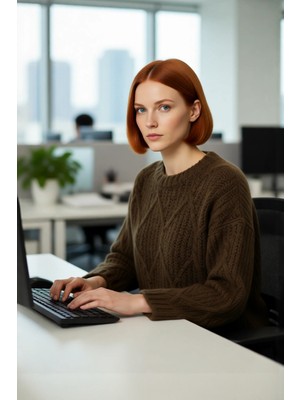 FRM Kadın Günlük Oversize Kesim Saç Örgüsü Desenli Triko Kazak Kış Sonbahar Için Bisiklet Yaka