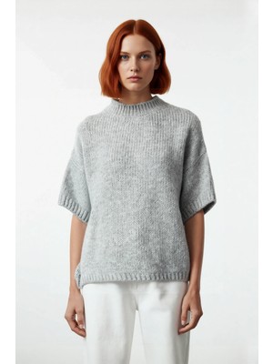 Ersefa Kadın Geniş Kalıp Basic Dik Yaka Kalın Selanik Dokulu Düşük Kısa Kollu Triko Kazak Günlük Şıklık