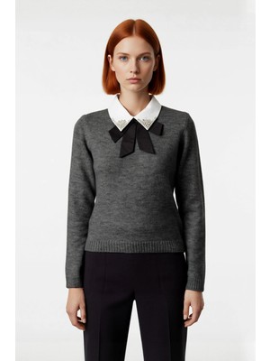 Ersefa Kadın Gömlek Yaka Görünümlü Nakış Detaylı Triko Kazak Standart Kollu Sonbahar Kış Stili Kaliteli