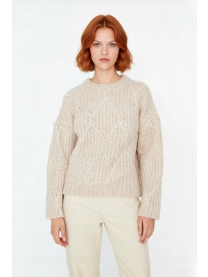 Ersefa Kadın Kalın Saç Örgülü Oversize Triko Kazak Soğuk Havalar Için Şık Bisiklet Yaka Standart Kol