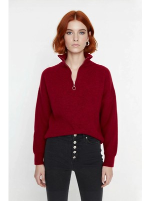 Ersefa Kadın Oversize Basic Dokulu Uzun Kollu Fermuarlı Dik Yaka Selanik Örgü Triko Kazak Kaliteli