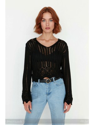 Ersefa Kadın Ince Akrilik Triko Kazak V Yaka Ajurlu Detaylı Regular Kesim Rahat Günlük Giyim Kaliteli