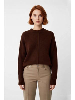 Ersefa Kadın Gri Triko Oversize Bisiklet Yaka Düşük Kol Rahat Günlük Kış Kombinlerinin Vazgeçilmezi