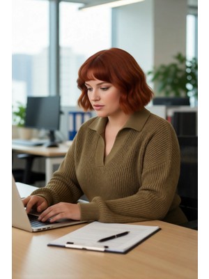 FRM Kadın Basic Selanik Örgü Polo Yaka Relaxed Kalıp Akrilik Triko Kazak Soğuk Günlerin Vazgeçilmezi