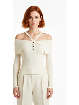 Ersefa Kadın Şık Carmen Yaka Uzun Kollu Fitted Kesim Fitilli Triko Kazak Ilkbahar Sonbahar Stili Için Ideal