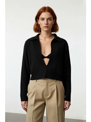 Ersefa Kadın Basic Düz Crop Triko Kazak Polo Yaka Uzun Kollu Regular Kalıp Ilkbahar Sonbahar Kaliteli