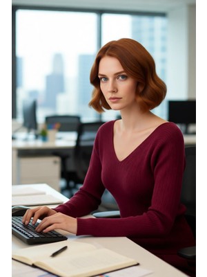 FRM Kadın Ince Triko Fitted Kazak Ajurlu V Yaka Uzun Standart Kol Ilkbahar Sonbahar Stili Kaliteli