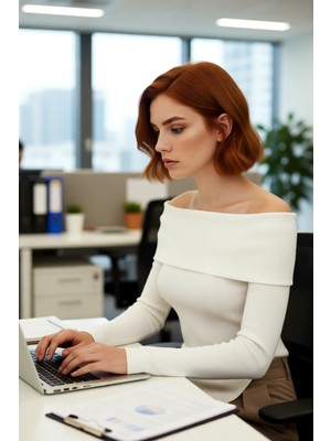 FRM Kadın Premium Iplik Fitted Carmen Yaka Ince Triko Uzun Kol Düz Kazak Ilkbahar Sonbahar Için Modern