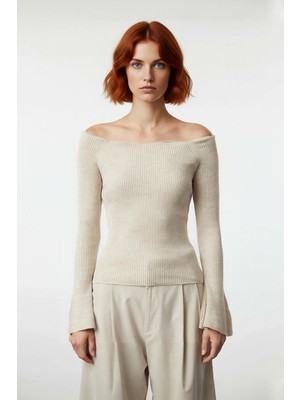 Ersefa Kadınlar Için Ince Fitted Carmen Yaka Akrilik Triko Kazak Uzun Kollu Düz Fitilli Tasarım Modelleri