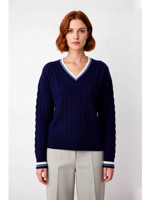 Ersefa Kadın Bordo Rengi Saç Örgü Desenli V Yaka Triko Kazak Düşük Kol Rahatlık Sunan Sonbahar Kış