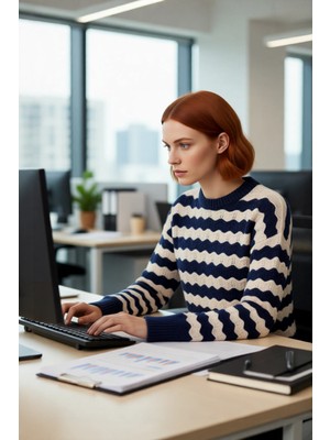 FRM Kadın Lacivert Ekru Dalgalı Ajurlu Bisiklet Yaka Düşük Kol Oversize Yumuşak Triko Kazak Kaliteli