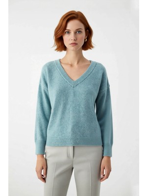 Ersefa Modern Kadın Oversize V Yaka Triko Düz Düşük Kol Günlük Basic Kışlık Alpaka Karışımlı Kazak