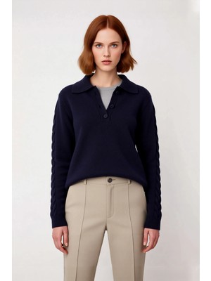 Ersefa Kadın Şık ve Konforlu Günlük Regular Kalıp Polo Yaka Saç Örgü Triko Kışlık Kazak Kaliteli