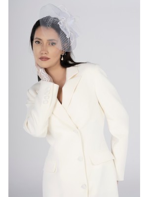 Pearl Kırık Beyaz Ceket Elbise – Düğmeli Midi Boy Nikah & Davet Elbisesi