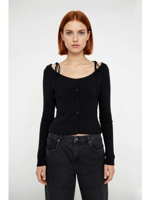 Ersefa Kadın Fitted Düşük Kol Uzun Kollu Kayık Yaka Crop Ince Triko Hırka Siyah Modern Basic Şık Kombinler