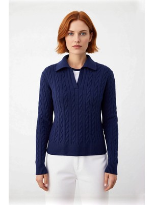 Ersefa Soğuk Havalara Özel Kadın Regular Kalıp Saç Örgüsü Polo Yaka Triko Kazak Rahat Şıklık Kaliteli