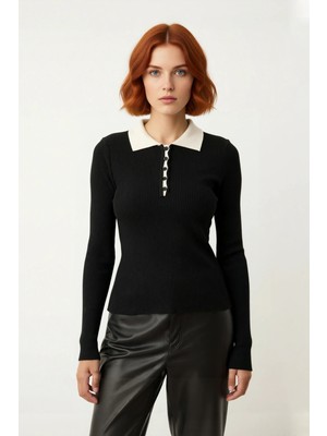 Ersefa Kadın Modern Fitilli Triko Polo Yaka Kazak Fitted Kesim Uzun Kollu Günlük Şıklık Için Ideal