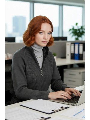 FRM Kadın Selanik Dokuma Regular Kalıp Crop Dik Yaka Fermuarlı Uzun Kollu Triko Kazak Günlük Şıklık