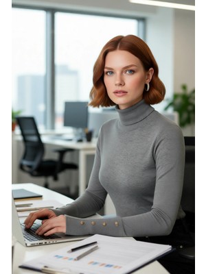 FRM Kadın Ince Triko Balıkçı Yaka Fitted Kalıp Uzun Kollu Kazak Günlük Konfor Ilkbahar Sonbahar