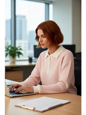 FRM Kadın Tesettür Pembe Regular Kalıp Ribana Kaşkorse Polo Yaka Düşük Kol Triko Kazak Kaliteli