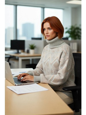 FRM Kadın Uzun Kollu Oversize Kesim Etnik Desenli Balıkçı Yaka Akrilik Triko Kazak Günlük Giyim