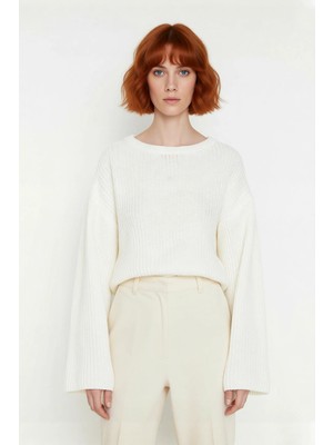 Ersefa Kadın Gri %100 Akrilik Oversize Selanik Dokuma Bisiklet Yaka Ispanyol Kol Crop Triko Kazak