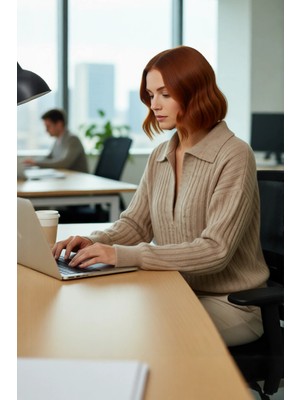 FRM Modern Kadın Oversize Polo Yaka Triko Kazak Rahat Düşük Kol Fitilli Dokusuyla Kış Gardırobunuzun