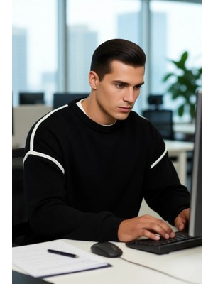 FRM Erkek Büyük Beden Oversize Kalıp Bisiklet Yaka Düşük Kol Biye Detaylı Triko Kazak Kışlık Stil