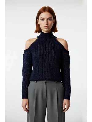 Ersefa Kadın Sim Detaylı Dik Yaka Regular Kalıp Reglan Kol Triko Omuz Kesimli Soğuk Hava Kazağı Kaliteli