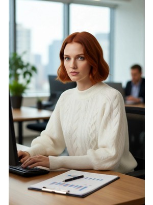 FRM Kadın Regular Fit Yumuşak Dokulu Triko Kazak Balon Kol Dik Yaka Saç Örgü Kış Sezonu Şıklığı