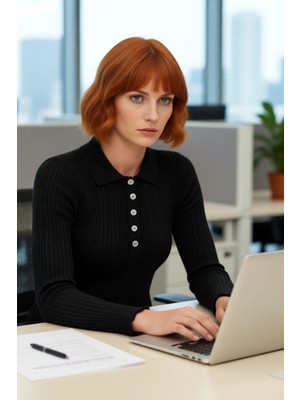 FRM Kadın Basic Siluet Fitted Kesim Fitilli Dokulu Polo Yaka Triko Kazak Günlük Kullanım Kaliteli