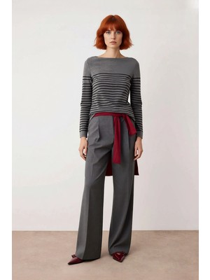 Ersefa Kadın Basic Regular Kalıp Uzun Kollu Çizgili Bisiklet Yaka Gri Triko Kazak Modeli Kaliteli