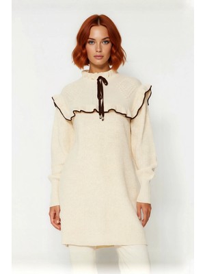 Ersefa Kadın Selanik Dokuma Dik Yaka Düşük Kollu Biyeli Saç Örgü Detaylı Kışlık Triko Tunik Kaliteli