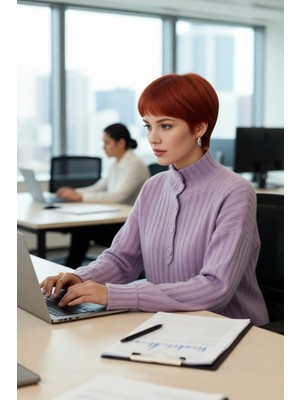 FRM Kadın Casual Fitilli Triko Kazak Orta Kalınlık Dik Yaka Düşük Kol Rahat ve Trend Kış Stili