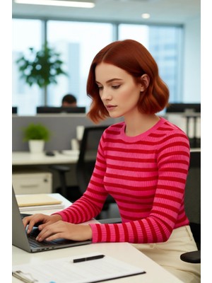 FRM Kadın Casual Çizgili Bisiklet Yaka Fitted Akrilik Uzun Kol Triko Basic Günlük Kazak Kaliteli