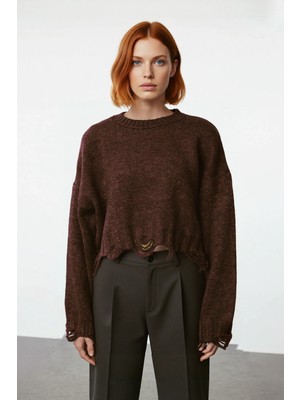 Ersefa Kadın Casual Crop Oversize Bisiklet Yaka Triko Kazak Düşük Kol Akıtma Detaylı Konforlu Şık