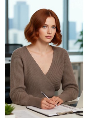 FRM Kadın Casual V Yaka Kruvaze Triko Kazak Regular Kalıp Tek Plaka Dokuma Rahat Kışlık Seçim Kaliteli