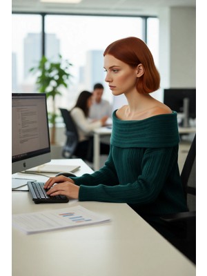 FRM Kadın Uzun Kollu Fitilli Triko Kazak Carmen Yaka Regular Kalıp Şık Gündüz Gece Kombinleri Kaliteli