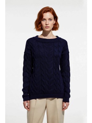 Ersefa Kadınlara Özel Kayık Yaka Saç Örgü Desenli Regular Kalıp Uzun Kollu %100 Akrilik Triko Kazak